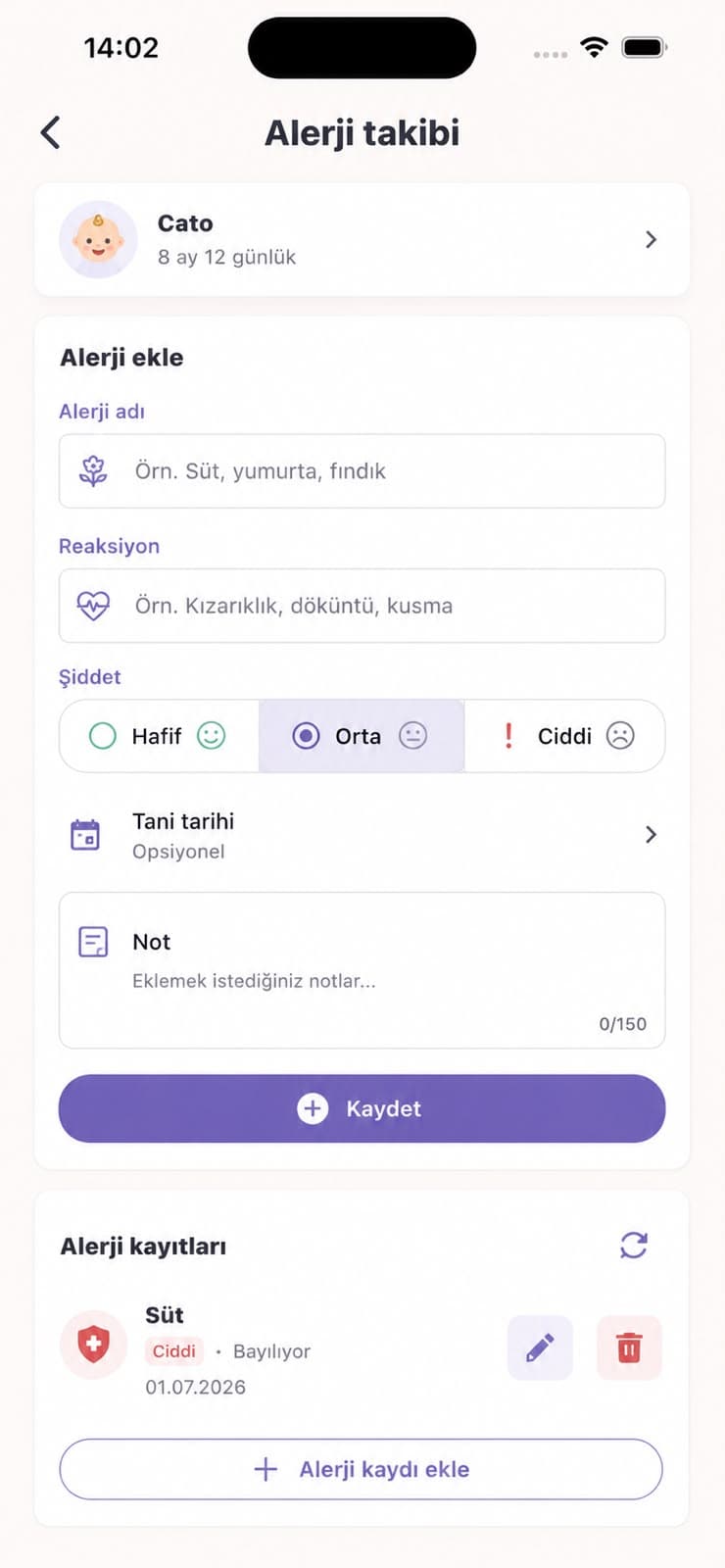 Mammoria alerji takibi ekran görüntüsü