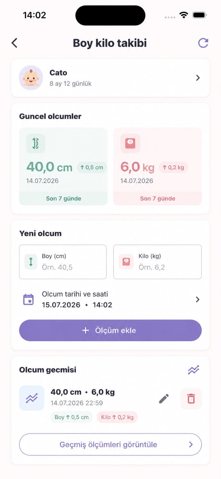 Mammoria boy kilo takibi ekran görüntüsü