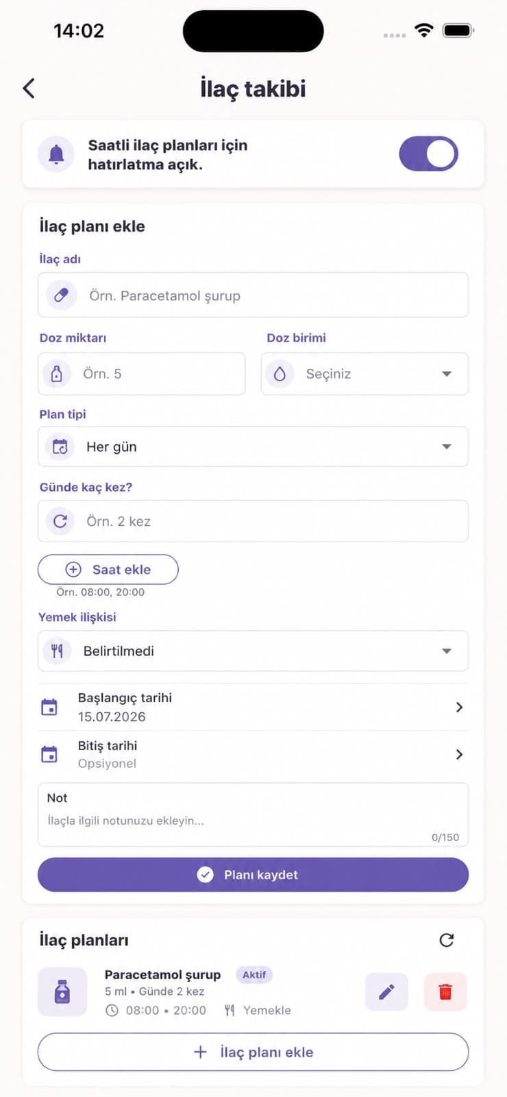 Mammoria bebek ilaç takibi ve hatırlatma ekranı
