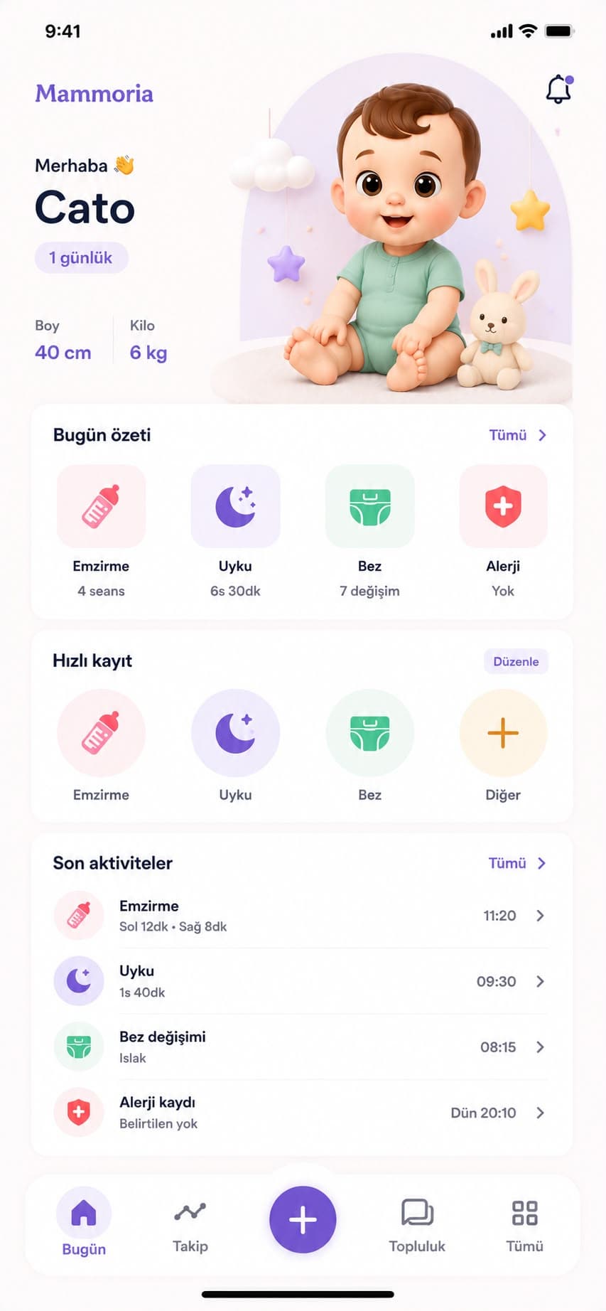 Mammoria bebek takip uygulaması ana ekranı