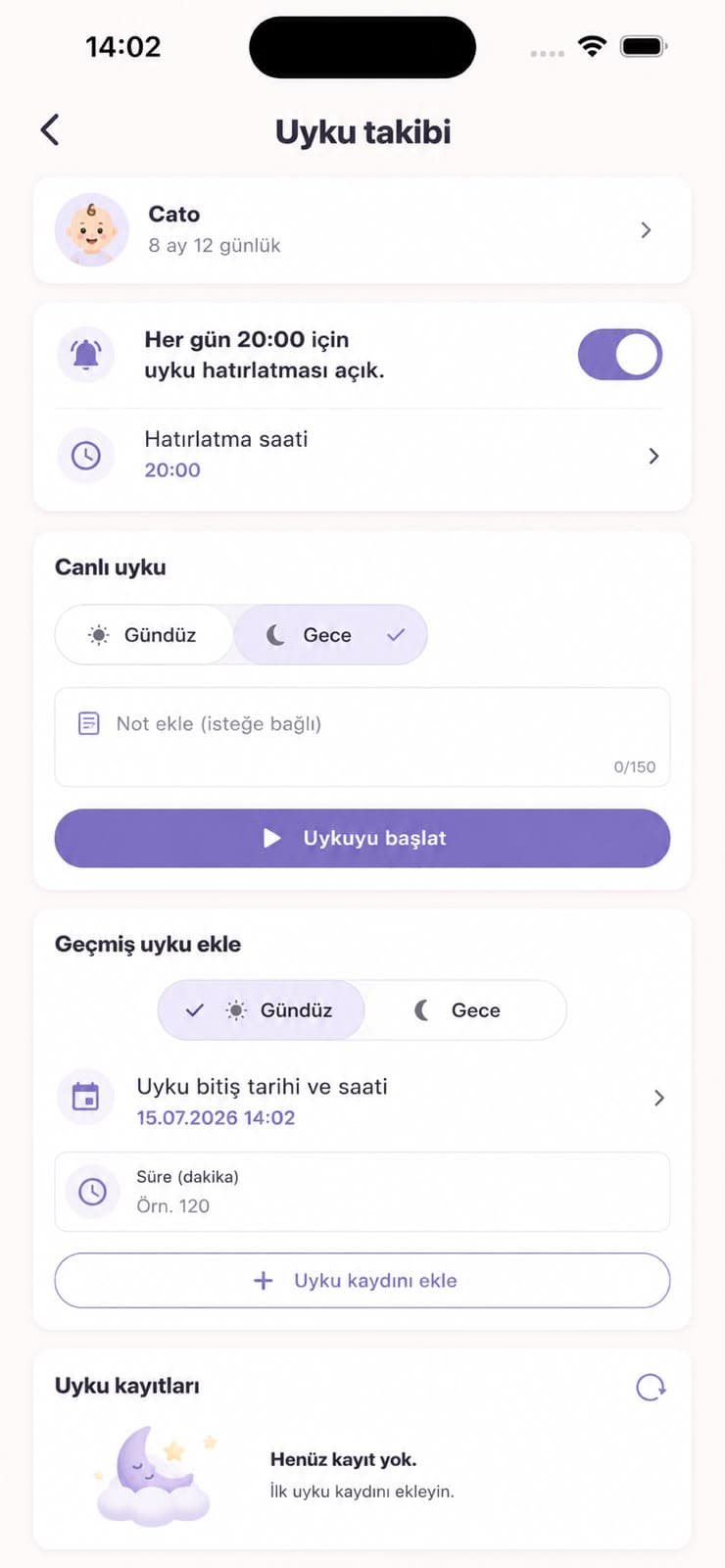Mammoria uyku takibi ekranı